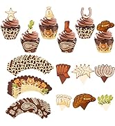 RVXHUA 48PCS Cowboy Cupcake Toppers and Wrappers Set – 24 Picks + 24 Liners, Western Party Decora...
