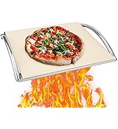 Skyflame 16” Rectangle Pizza Stone and Stainless Steel Rack with Handle, Heavy Duty Baking Stone ...