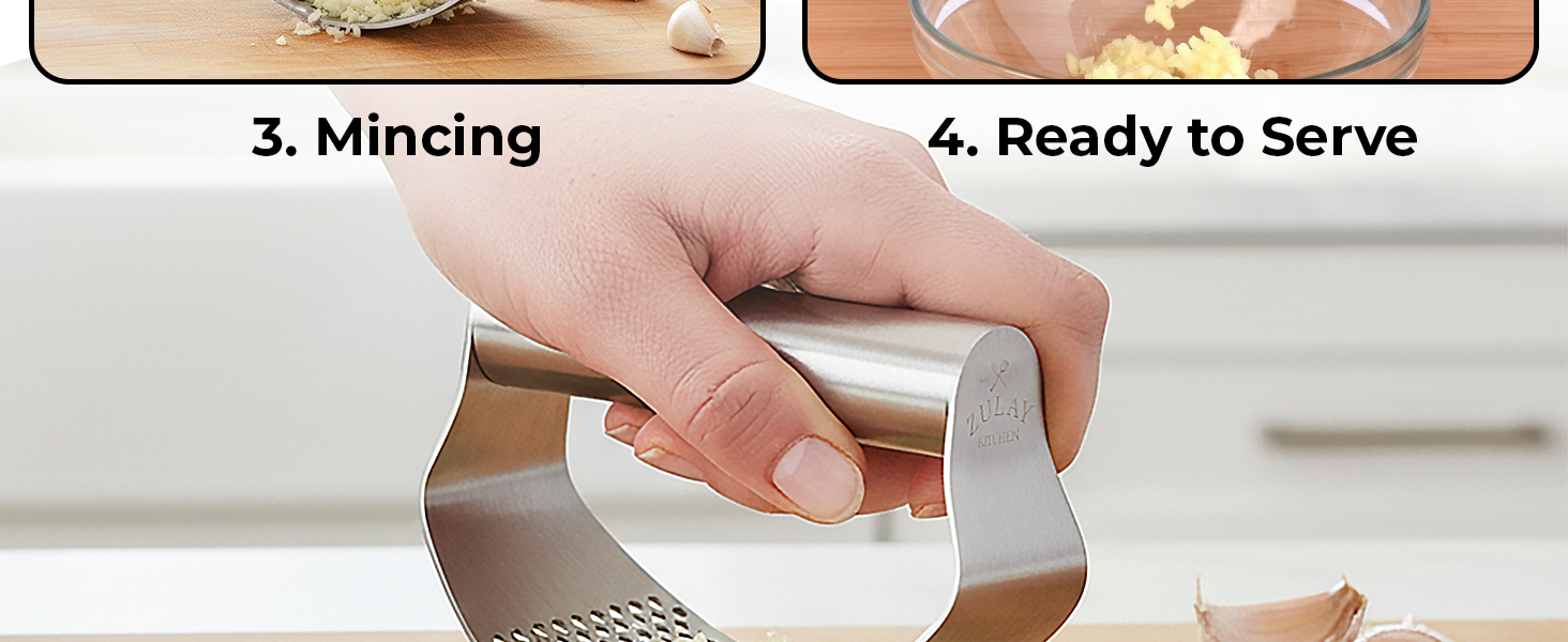 Handheld stainless steel garlic smasher rocker for fast and easy food prep.