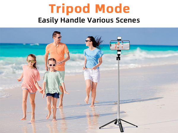Text reads 'Tripod Mode' and 'Easily Handle Various Scenes'. Beach scene demonstrating tripod phone mount usage, with ocean backdrop and extended selfie stick setup.
