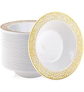 JOLLY PARTY 60 Disposable Gold Plastic Dessert Bowls, 12 oz Soup Bowls, Gold Lace Trim China Look...