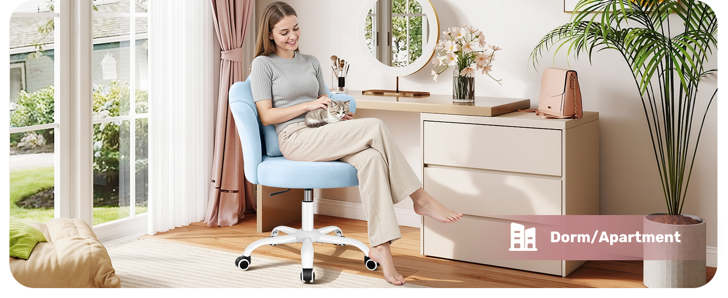 Velvet Vanity Chair with Wheels, Adjustable Height Comfy Small Cute Girls Desk Chair