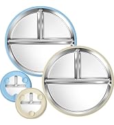 BUSOHA 2 Pack Stainless Steel Kids Plate with Suction - 9” Divided Toddler Baby Plates with Silic...