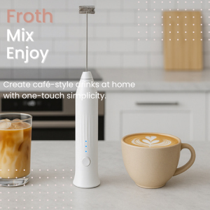 White milk frother next to a cup of cofee anf glass of ice cofee on a counetr top