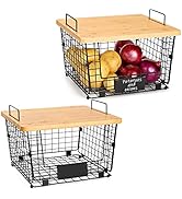 2 Set Stackable Kitchen Counter Basket with Bamboo Top - Pantry Organization and Storage Wire Org...