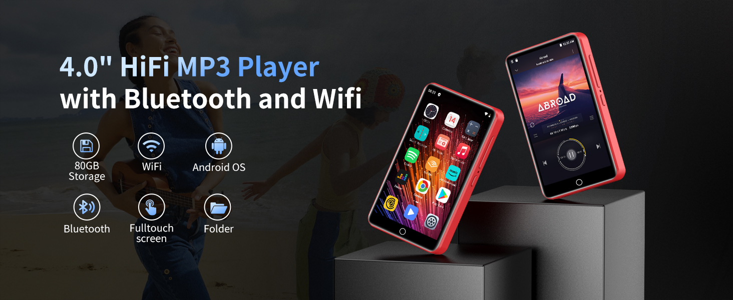 4.0-inch HiFi MP3 player with Bluetooth and WiFi capabilities, featuring a color display screen and various connectivity icons. Shown in red and black design.