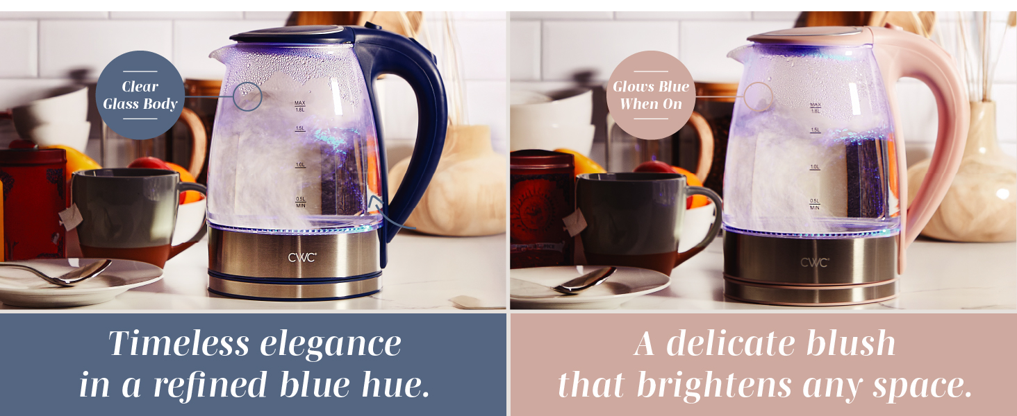 Easy-to-use electric glass kettle with 360-degree swivel base and single-touch power button.