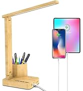 Wood LED Desk Lamp with 3 USB Charging Ports,1 AC Outlet,2 Pen Holders,3 Color Temperatures 3 Bri...