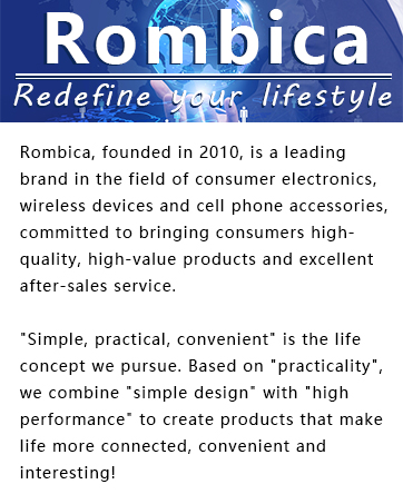 Rombica company logo and tagline 'Redefine your lifestyle' in blue and white. Includes brief description of the brand's focus on consumer electronics and wireless devices.