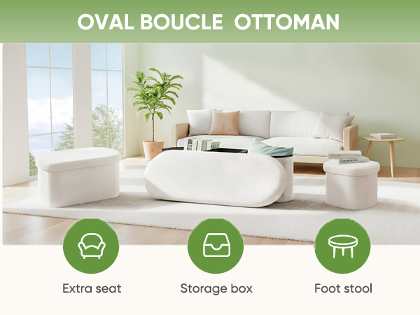Text reads 'OVAL BOUCLE OTTOMAN' with icons labeled 'Extra seat', 'Storage box', and 'Foot stool'. Shows a modern living room furniture piece with multiple functions.