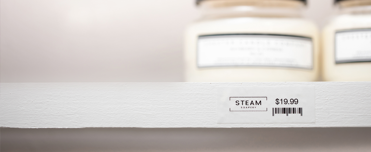 Retail product shelf with label with product name, style number, and barcode