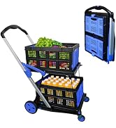 APOXCON Shopping Cart with 2 Storage Crates, Multi Use Two Tier Collapsible Cart with 360° Rollin...
