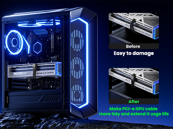 PC case with blue LED lighting, showcasing internal components. Side panel displays PCI-e GPU cable management, comparing 'before' (messy) and 'after' (tidy) configurations.
