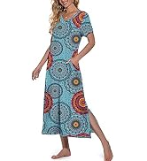 PrinStory Womens Long Nightgown Short Sleeve Nightshirt V-Neck Soft Night Gown Casual Sleepwear