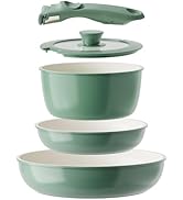 Set of stackable mint green cookware. Three different-sized ceramic bowls, a lid with knob, and a detachable handle. White interior contrasts with pastel exterior.