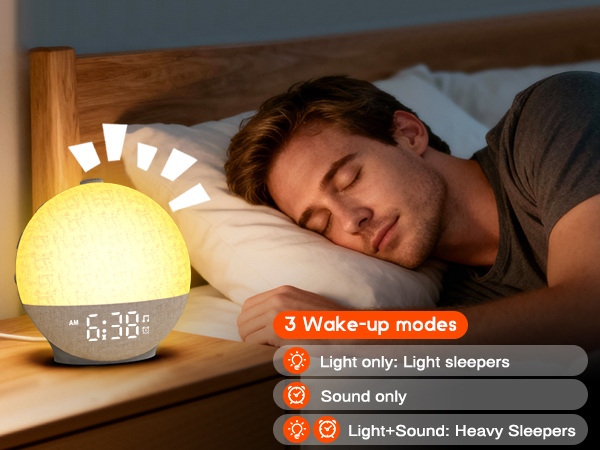 alarm clock supports 3 wake up modes: light only, sound only and light and sound combination
