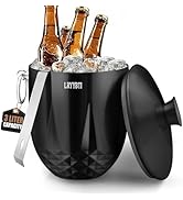 3L Ice Buckets for Parties and Cocktail Bar with Stainless Steel Lid,Tongs &amp; Strainer(Black) Doub...