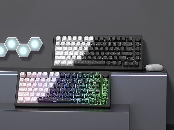 Double Shot PBT keycap Set,White/Black Topographic Keyboard keycaps,Shine Through Custom keycap