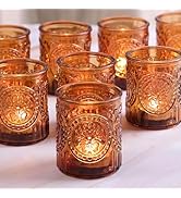Simeitol 12PCS Vintage Amber Votive Candle Holders Bulk, Glass Tea Lights Candle Holders for Fall...