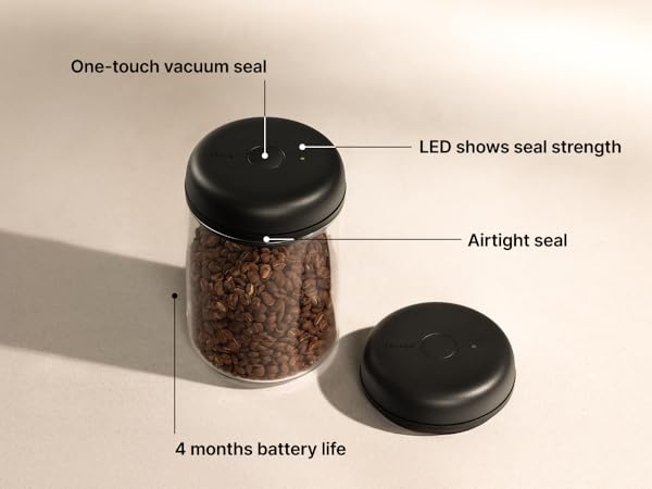 one touch vacuum seal, LED shows seal strength, 4 month battery life, airtight seal