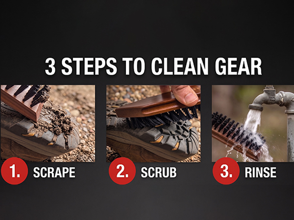 steps to clean gear scrape scrub rinse shows work boot being cleaned