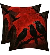ANNA QUEEN Gothic Crow Red Moon Linen Pillow Covers 18x18 Set of 2 – Spooky Decorative Throw Pill...