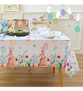 Karseteli Rectangle Easter Tablecloth, Easter Colorful Eggs and Cute Bunny Table Cloth Washable S...