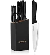 Diamosteel Black Knife Set with Wooden Block, 7 Pieces Sharp Knife Block Set with Stainless Steel...