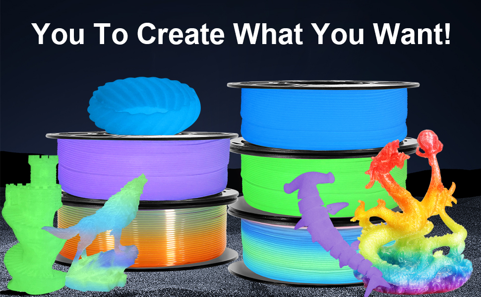 glowing in dark green purple blue rainbow clear rainbow pla filament bundle 5 spools bundle