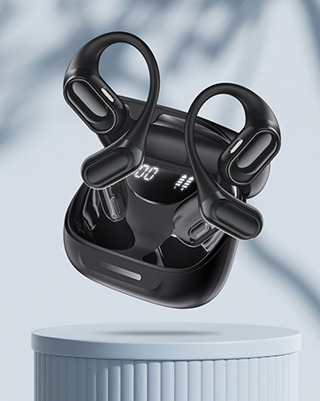 Black wireless earbuds floating above white cylindrical platform, shown with charging case. Features curved ergonomic design with ear hooks.