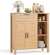 Giantex Buffet Cabinet with Storage, Boho Rattan Sideboard with 2 Doors, Drawer, 3 Open Cubbies, ...