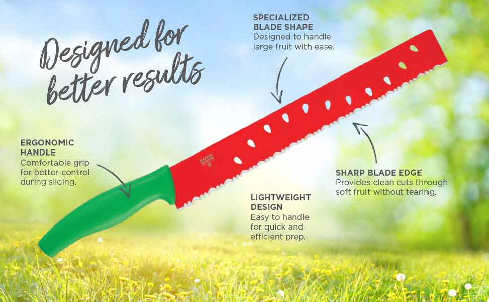 Close-up of watermelon knife highlighting blade shape, sharp edge, and lightweight ergonomic handle