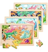 Zeoddler Wooden Puzzles for Kids 3-5, 4 Pack Dinosaur Jigsaw Puzzles for Toddlers, 20 Pieces Pres...
