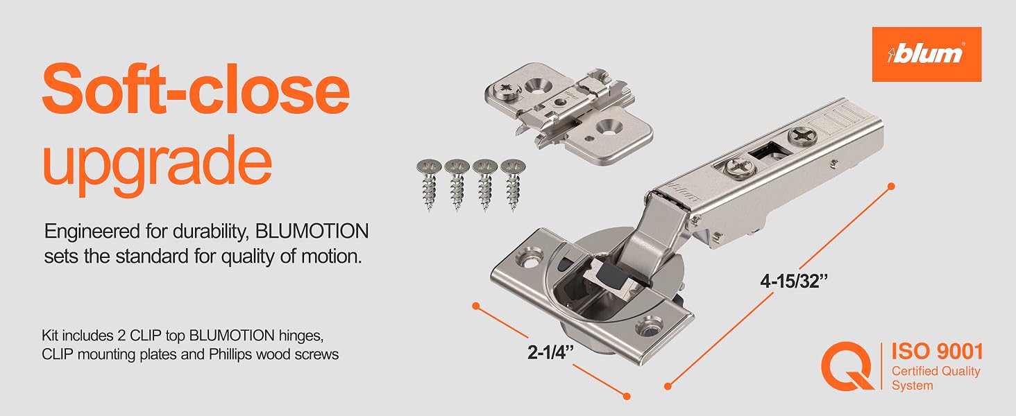A close-up of a door hinge with measurements. Text reads: Soft-close upgrade.