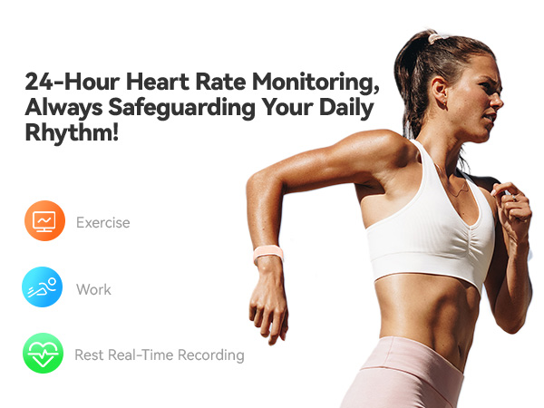 Text reads '24-Hour Heart Rate Monitoring, Always Safeguarding Your Daily'. Series of fitness-related promotional images showing people exercising outdoors.