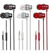 Collection of earbuds or headphones shown in various colors including red, black, and white, with 3.5mm audio jacks and inline controls.