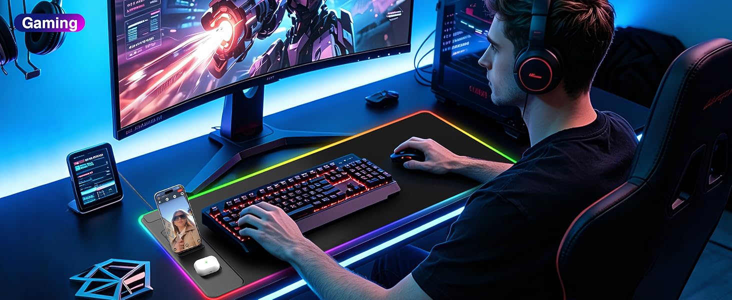 RGB Gaming Mouse Pad with Wireless Charging Phone Stand