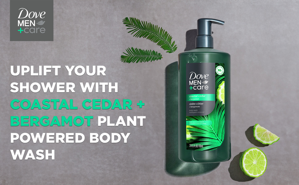 Dove Men+Care logo with text &amp; body wash bottle with pump between bergamot slices and coastal cedar.