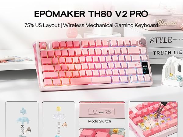 Text reads: 'EPOMAKER TH80 V2 PRO'. Multiple views of a pink and white mechanical gaming keyboard featuring wireless capability and 75% US layout design.