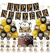 Happy New Year Decorations 2026 Set – Black &amp; Gold Balloons, Happy New Year Banner, Cupcake Toppe...