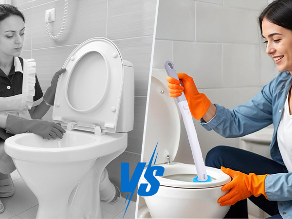 Multiple cleaning demonstration images showing hands in orange gloves wiping and maintaining white surfaces with blue motion indicator arrows.