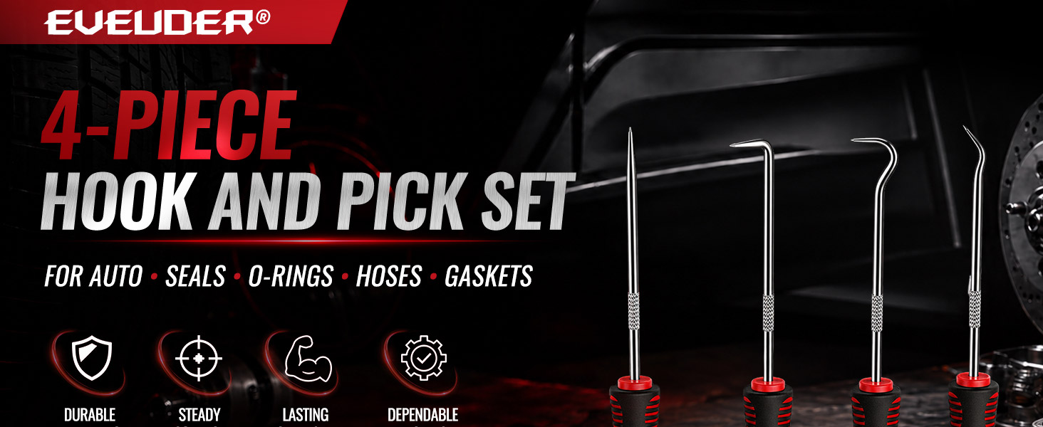 Four-piece hook and pick set with straight and angled tips for seals, O-rings, hoses, and gaskets.