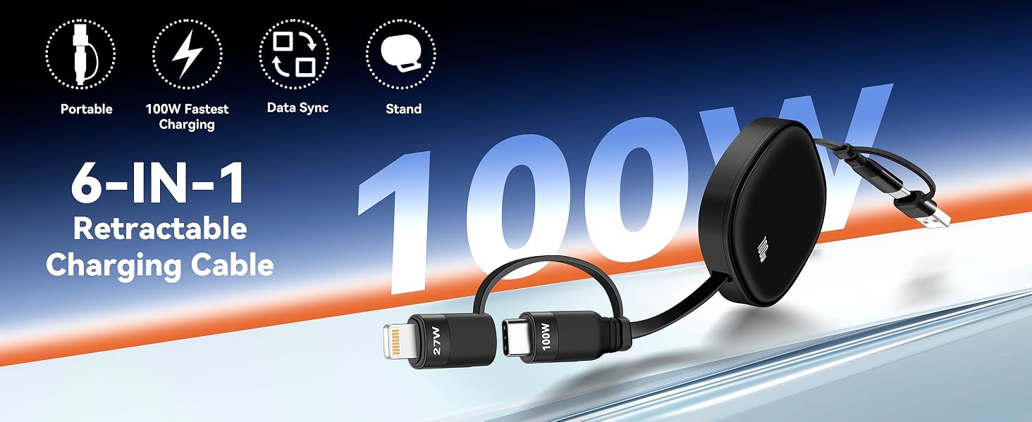 5 in 1 retractable fast charging cable multi charging cord charger cable usb type c charger cord