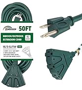 HONDERSON 50 Ft Outdoor Extension Cord with 3 Electrical Power Outlets - 16/3 SJTW Durable Green ...