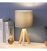 DEWENWILS Small Table Lamp, Tripod Table Lamp Wood with Linen Fabric Shade, Bedside Table Lamp fo...