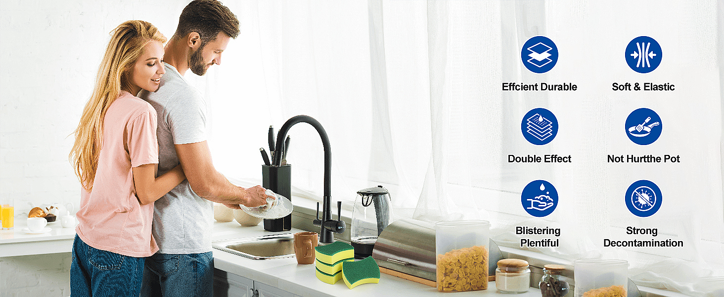 Kitchen faucet demonstration with four feature icons showing: Efficient Double, Soft &amp; Elastic, Double Effect, and Strong Decontamination capabilities.
