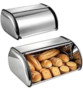 2 Pack Stainless Steel Bread Boxes for Kitchen Counter, Large &amp; Small Drum Style Roll Top Bread H...