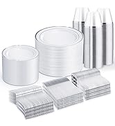 WELLIFE 600 PCS Silver Disposable Dinnerware Set for 100 Guests, Silver Plastic Plates for Party,...