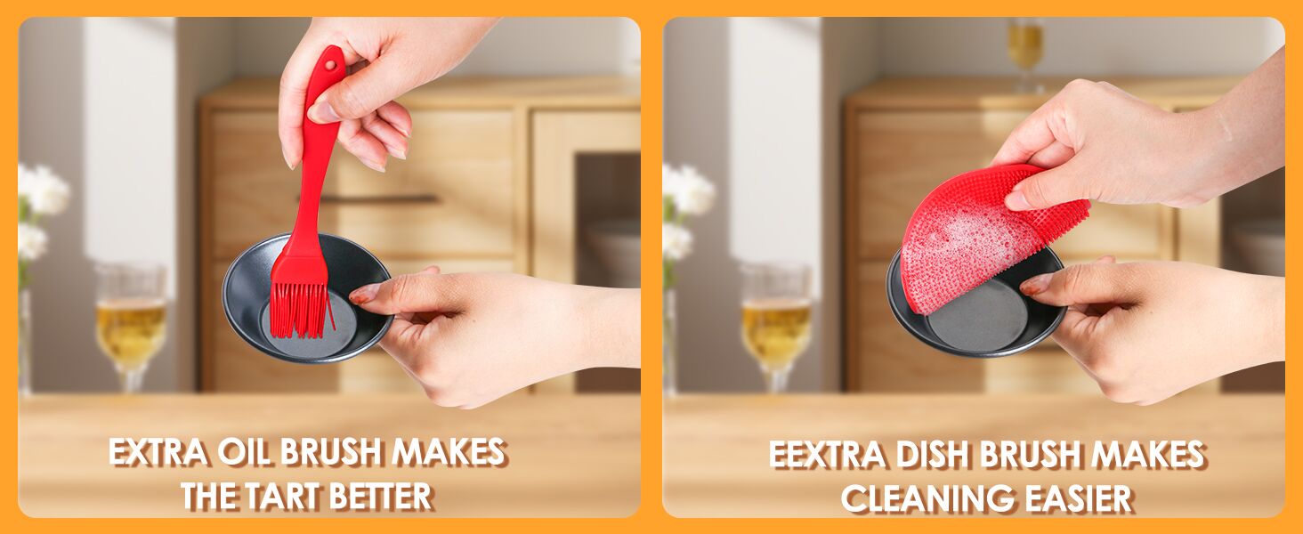 Split image showing two kitchen brushes: a red silicone oil brush applying oil to a pan, and a red dish brush with textured bristles for cleaning dishes.