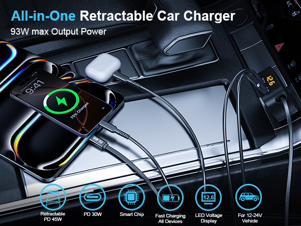 retractable car charger USB C car charger adapter for cars phone charger for car usb charger iphone